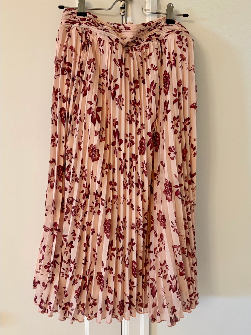 Pleated Floral Midi Skirt - Pink with Burgundy Print